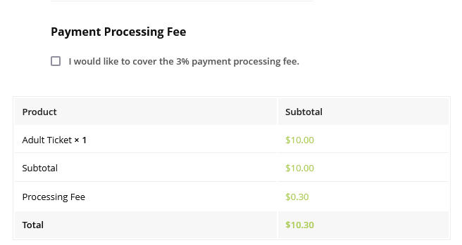 Processing Payment Fee Checkbox